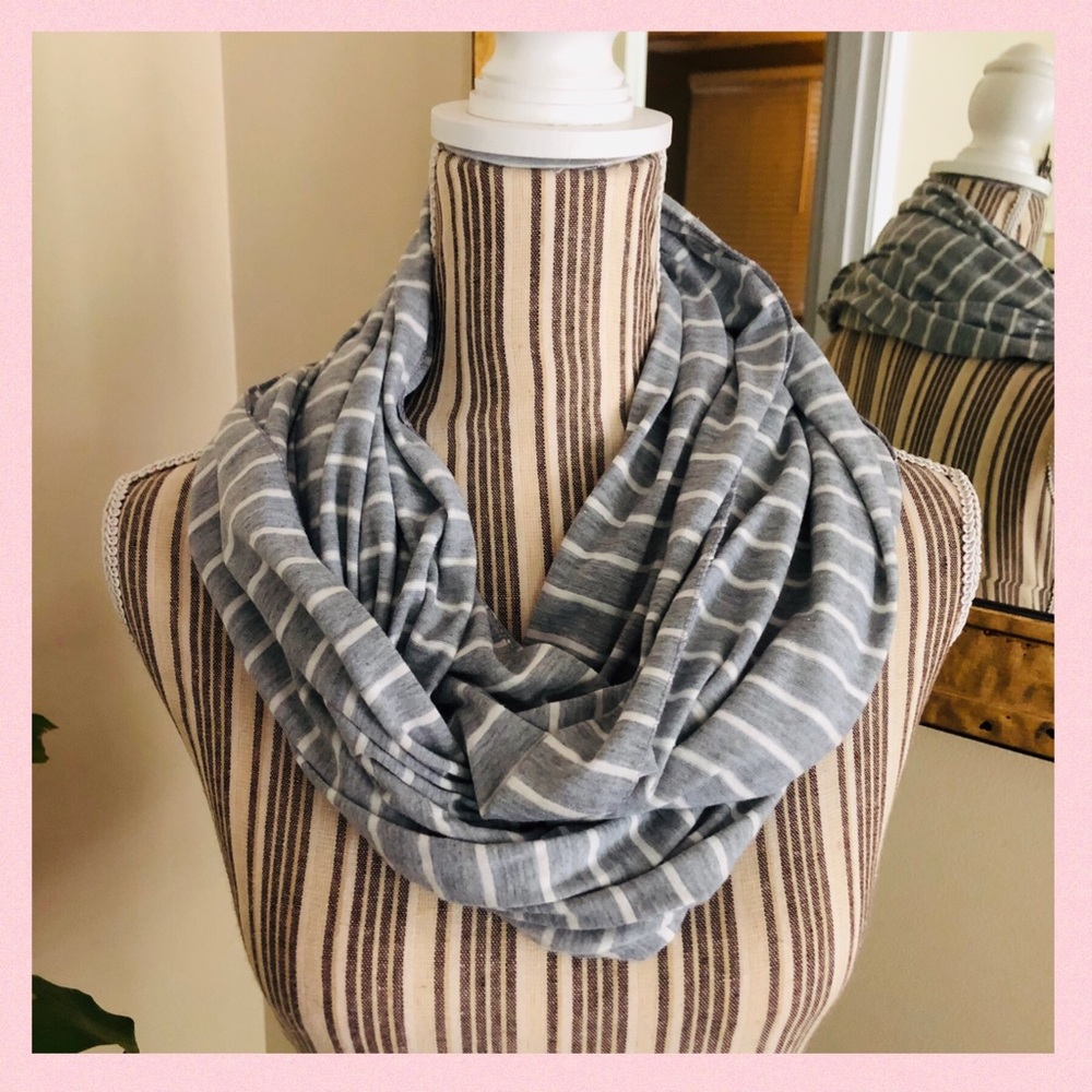 Gray White Striped Cotton Infinity Scarf